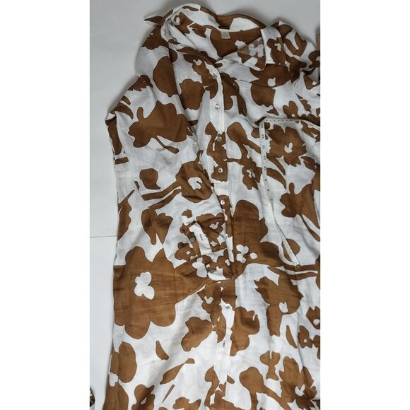 Magaschoni Floral Brown & White Button-Down Long Shirt Dress 100% Linen Large - Picture 7 of 11